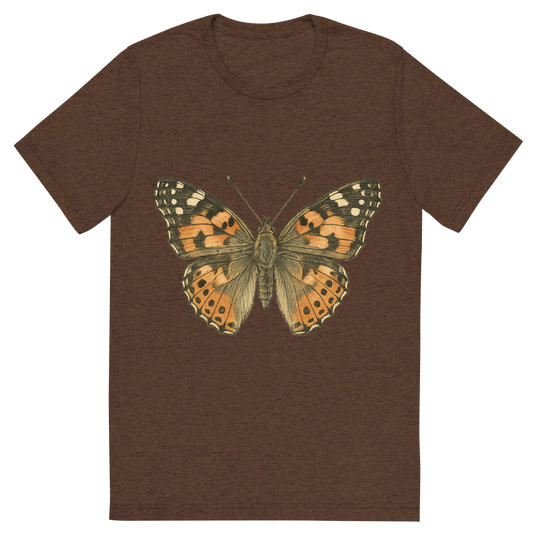 Front view of a Premium Tri-Blend Crew Neck T-Shirt in Brown showing 'A hand-drawn, tranquil graphic of painted lady butterfly'
