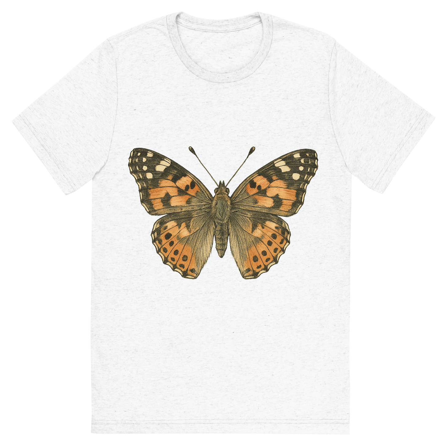 Front view of a Premium Tri-Blend Crew Neck T-Shirt in Solid White showing 'A hand-drawn, tranquil graphic of painted lady butterfly'