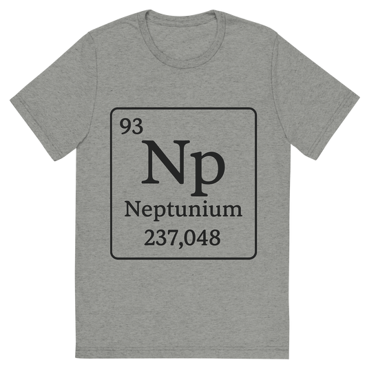 Front view of a Premium Tri-Blend Crew Neck T-Shirt in Athletic Grey showing 'A line art, nostalgic graphic of neptunium's entry on the periodic table, use a dark color for the lines and text'