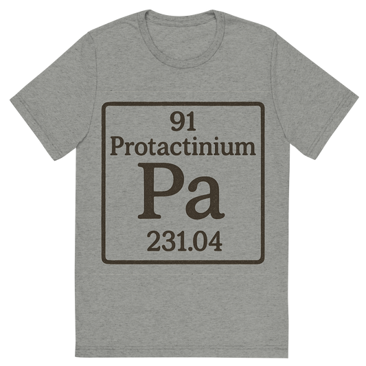 Front view of a Premium Tri-Blend Crew Neck T-Shirt in Athletic Grey showing 'A line art, nostalgic graphic of protactinium's entry on the periodic table, use a dark color for the lines and text'