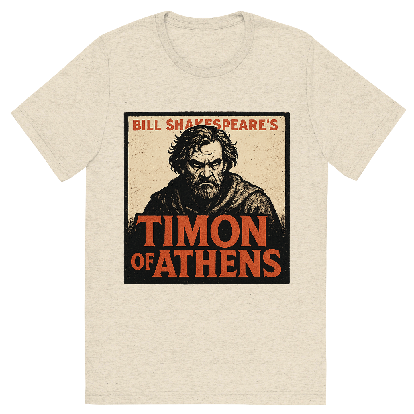 Front view of a Premium Tri-Blend Crew Neck T-Shirt in Oatmeal showing 'A retro, edgy graphic of a visual representation of a key theme and character from william shakespeare's timon of athens'