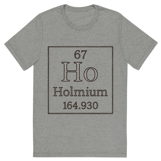 Front view of a Premium Tri-Blend Crew Neck T-Shirt in Athletic Grey showing 'A line art, nostalgic graphic of holmium's entry on the periodic table, use a dark color for the lines and text'