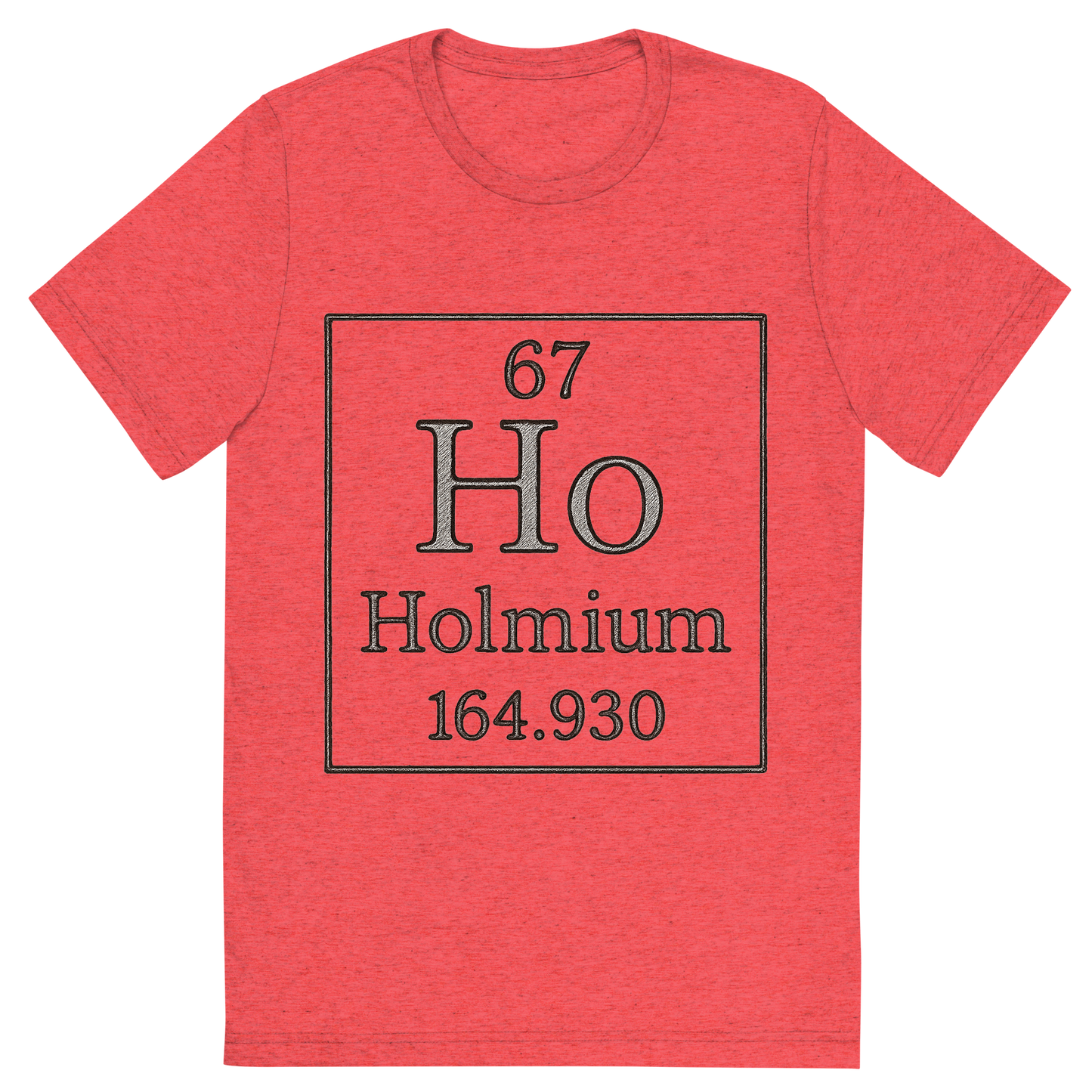 Front view of a Premium Tri-Blend Crew Neck T-Shirt in Red showing 'A line art, nostalgic graphic of holmium's entry on the periodic table, use a dark color for the lines and text'