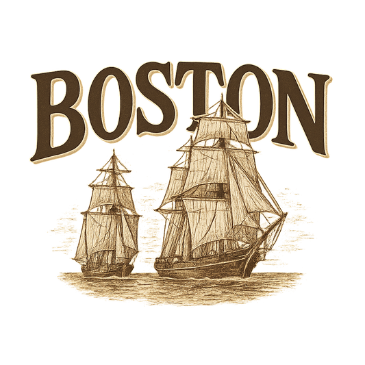 A typographic, nostalgic graphic of a typographic illustration of the words 'boston' with a vintage line art drawing of tall ships – a t-shirt design