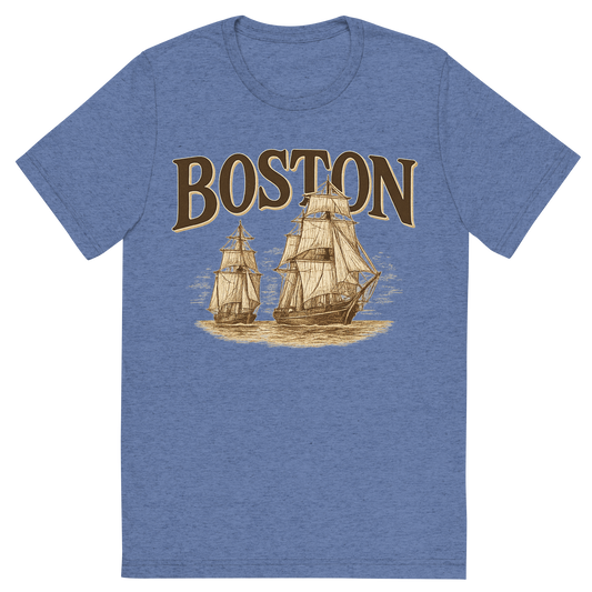 Front view of a Premium Tri-Blend Crew Neck T-Shirt in Blue showing 'A typographic, nostalgic graphic of a typographic illustration of the words 'boston' with a vintage line art drawing of tall ships'