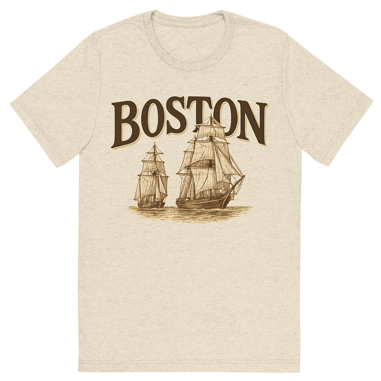 Front view of a Premium Tri-Blend Crew Neck T-Shirt in Oatmeal showing 'A typographic, nostalgic graphic of a typographic illustration of the words 'boston' with a vintage line art drawing of tall ships'