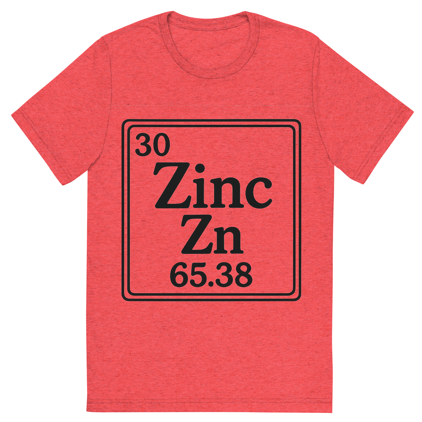 Front view of a Premium Tri-Blend Crew Neck T-Shirt in Red showing 'A line art, nostalgic graphic of zinc's entry on the periodic table, use a dark color for the lines and text'
