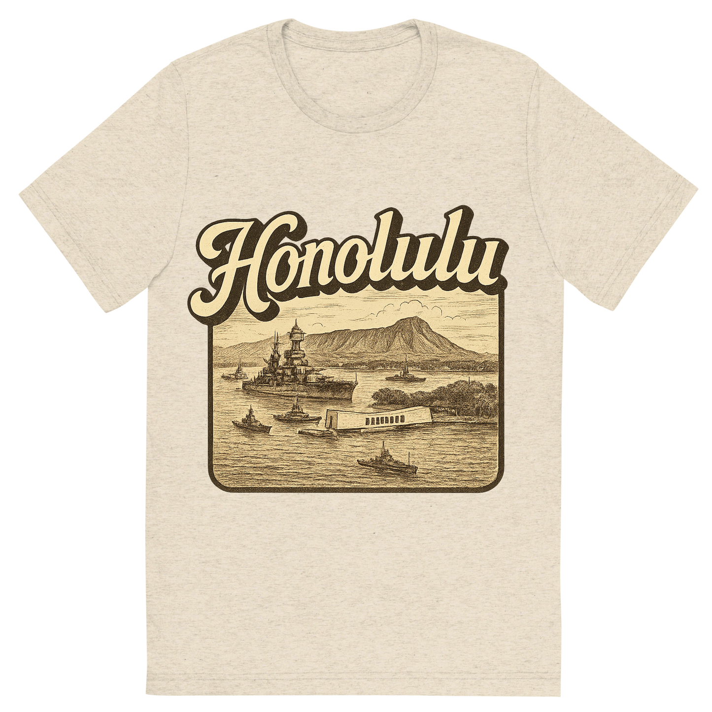 Front view of a Premium Tri-Blend Crew Neck T-Shirt in Oatmeal showing 'A typographic, nostalgic graphic of a typographic illustration of the words 'honolulu' with a vintage line art drawing of pearl harbor'