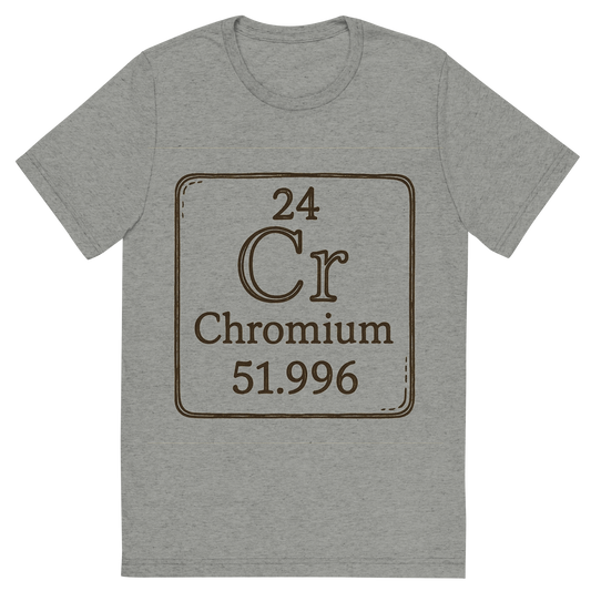 Front view of a Premium Tri-Blend Crew Neck T-Shirt in Athletic Grey showing 'A line art, nostalgic graphic of chromium's entry on the periodic table, use a dark color for the lines and text'