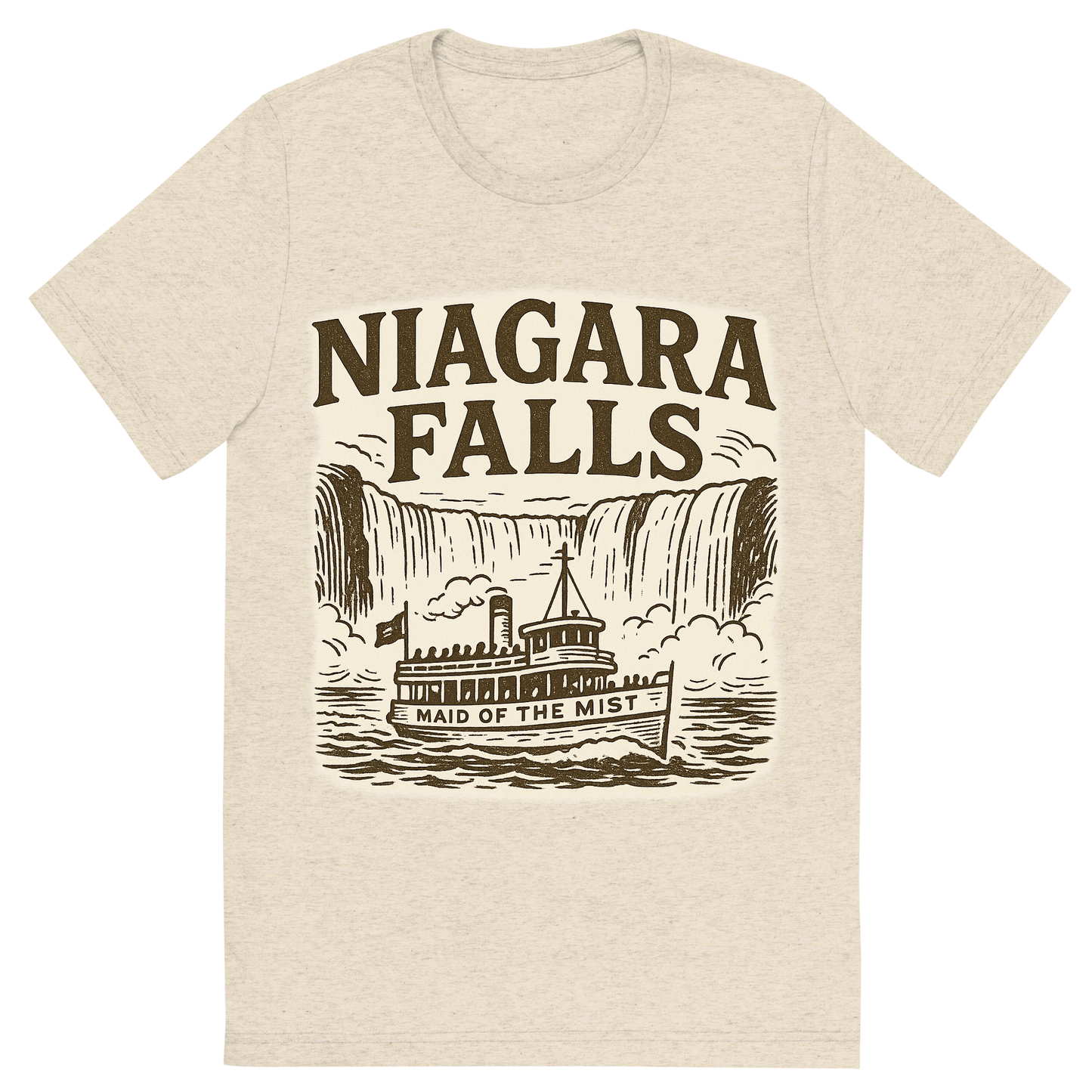 Front view of a Premium Tri-Blend Crew Neck T-Shirt in Oatmeal showing 'A typographic, nostalgic graphic of a typographic illustration of the words 'niagara falls' with a vintage line art drawing of the maid of the mist'
