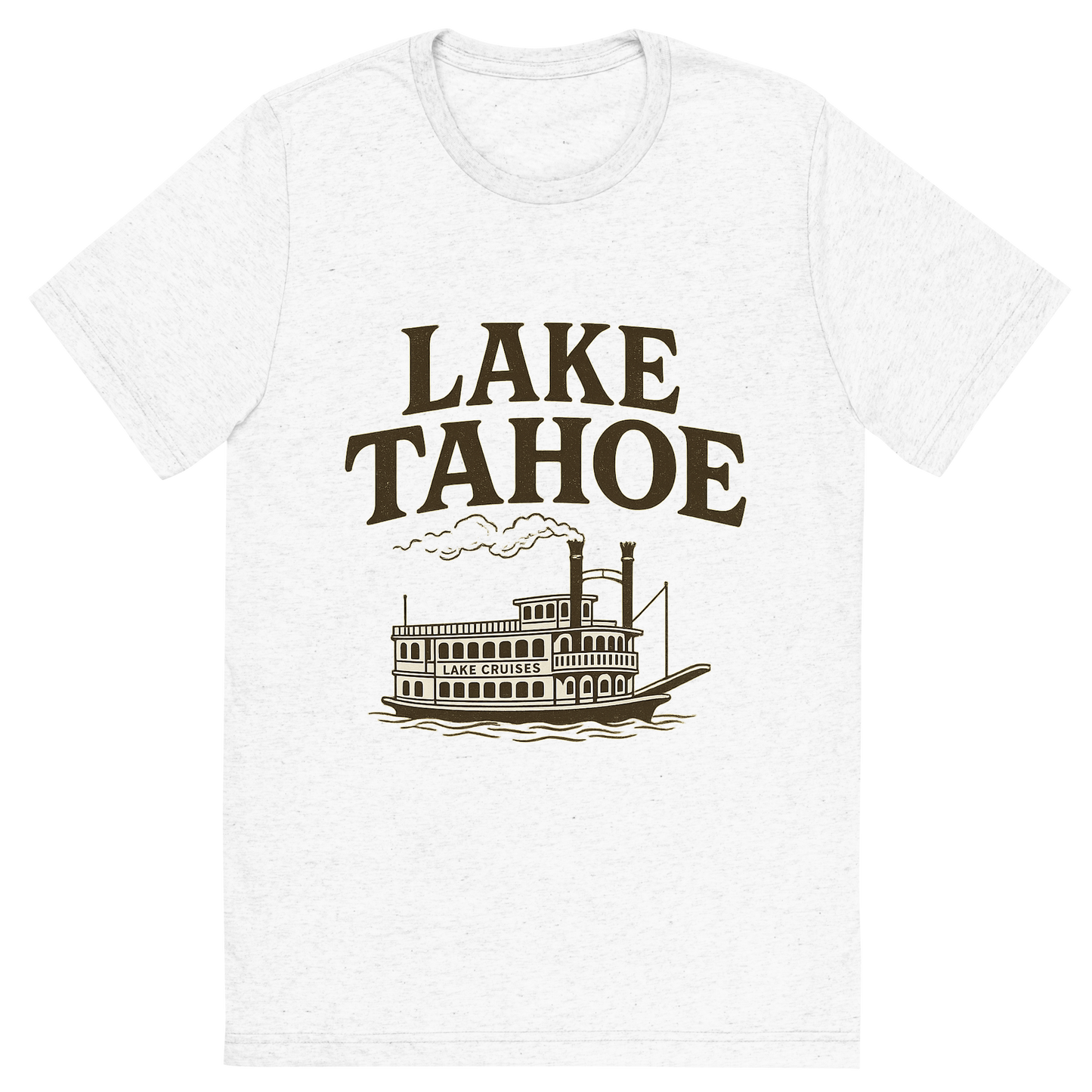 Front view of a Premium Tri-Blend Crew Neck T-Shirt in Solid White showing 'A typographic, nostalgic graphic of a typographic illustration of the words 'lake tahoe' with a vintage line art drawing of the lake cruises'