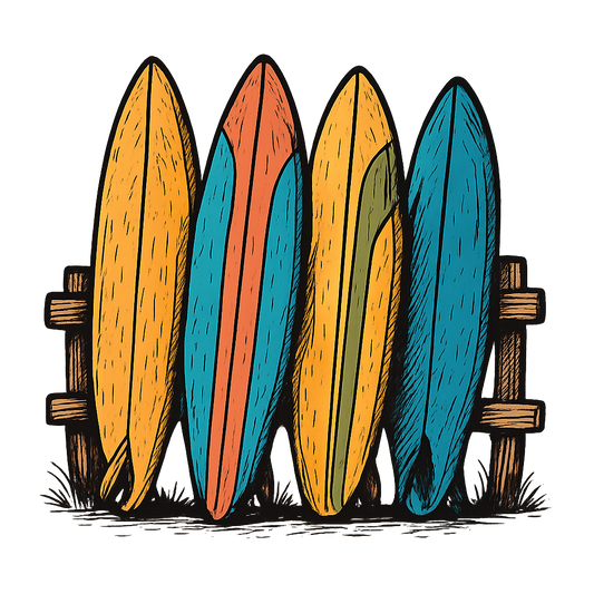 A hand-drawn ink with pops of color, playful graphic of a stylized stack of colorful vintage surfboards leaning against a wooden fence, hand-drawn ink with pops of color, centered composition, transparent background, optimized for dtg printing - a t-shirt design