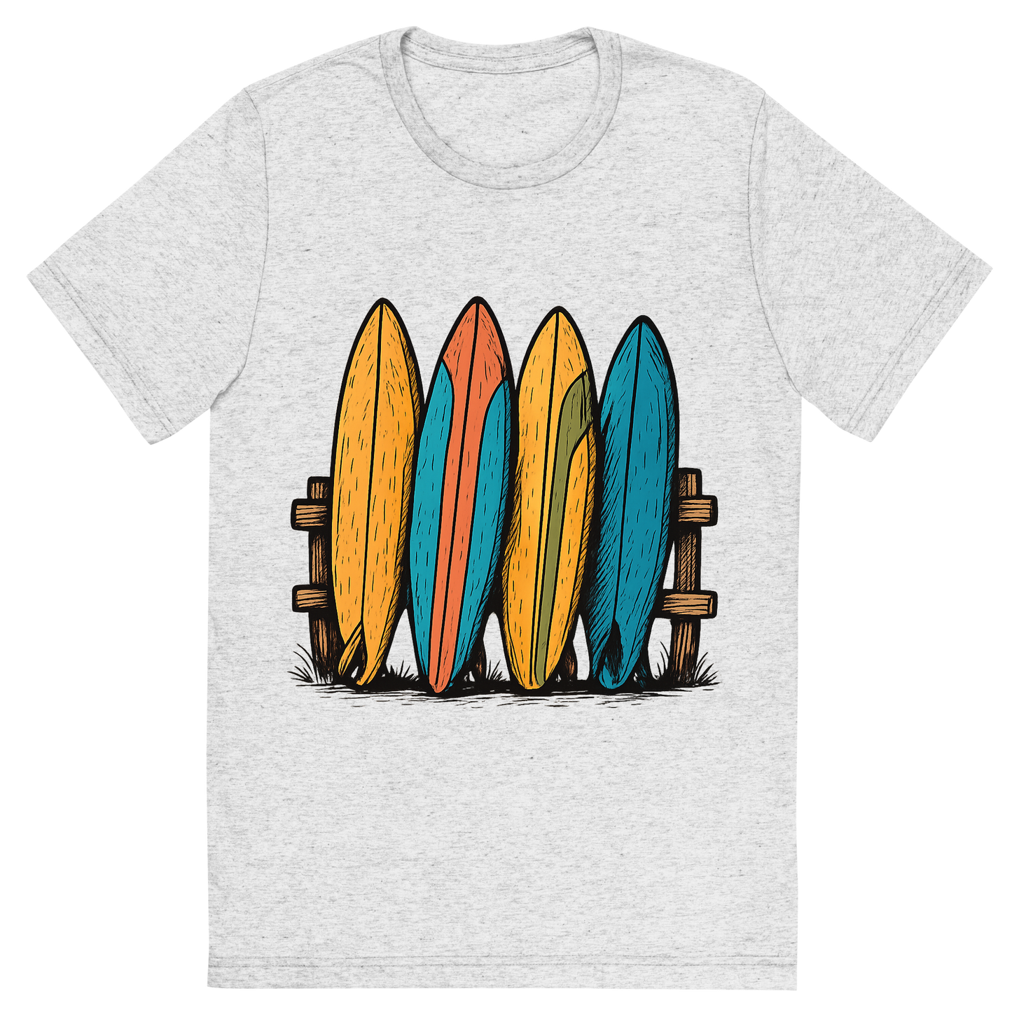 Front view of a Premium Tri-Blend Crew Neck T-Shirt in White Fleck showing 'A hand-drawn ink with pops of color, playful graphic of a stylized stack of colorful vintage surfboards leaning against a wooden fence, hand-drawn ink with pops of color, centered composition, transparent background, optimized for dtg printing'