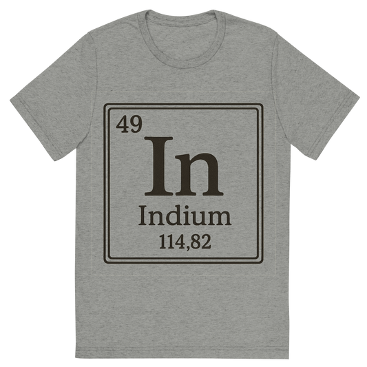 Front view of a Premium Tri-Blend Crew Neck T-Shirt in Athletic Grey showing 'A line art, nostalgic graphic of indium's entry on the periodic table, use a dark color for the lines and text'