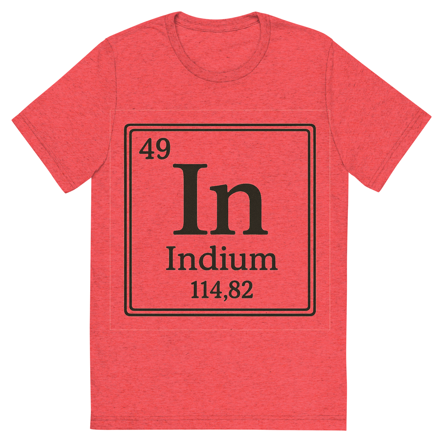 Front view of a Premium Tri-Blend Crew Neck T-Shirt in Red showing 'A line art, nostalgic graphic of indium's entry on the periodic table, use a dark color for the lines and text'