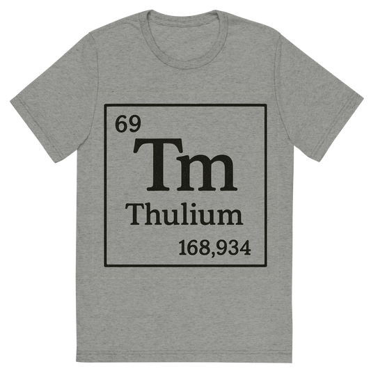 Front view of a Premium Tri-Blend Crew Neck T-Shirt in Athletic Grey showing 'A line art, nostalgic graphic of thulium's entry on the periodic table, use a dark color for the lines and text'