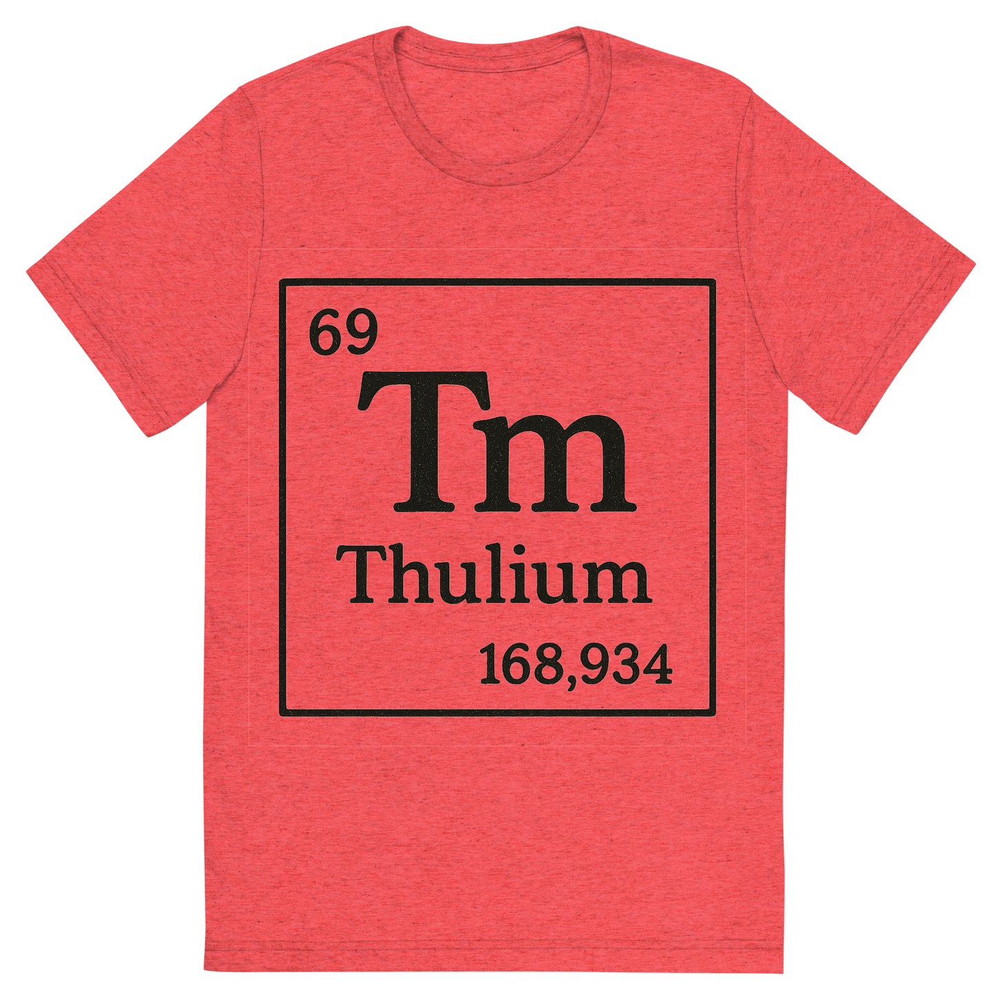 Front view of a Premium Tri-Blend Crew Neck T-Shirt in Red showing 'A line art, nostalgic graphic of thulium's entry on the periodic table, use a dark color for the lines and text'