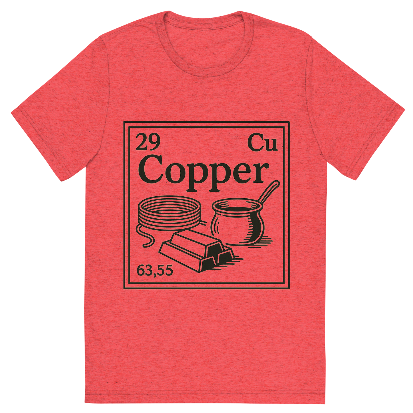 Front view of a Premium Tri-Blend Crew Neck T-Shirt in Red showing 'A line art, nostalgic graphic of copper's entry on the periodic table, use a dark color for the lines and text'