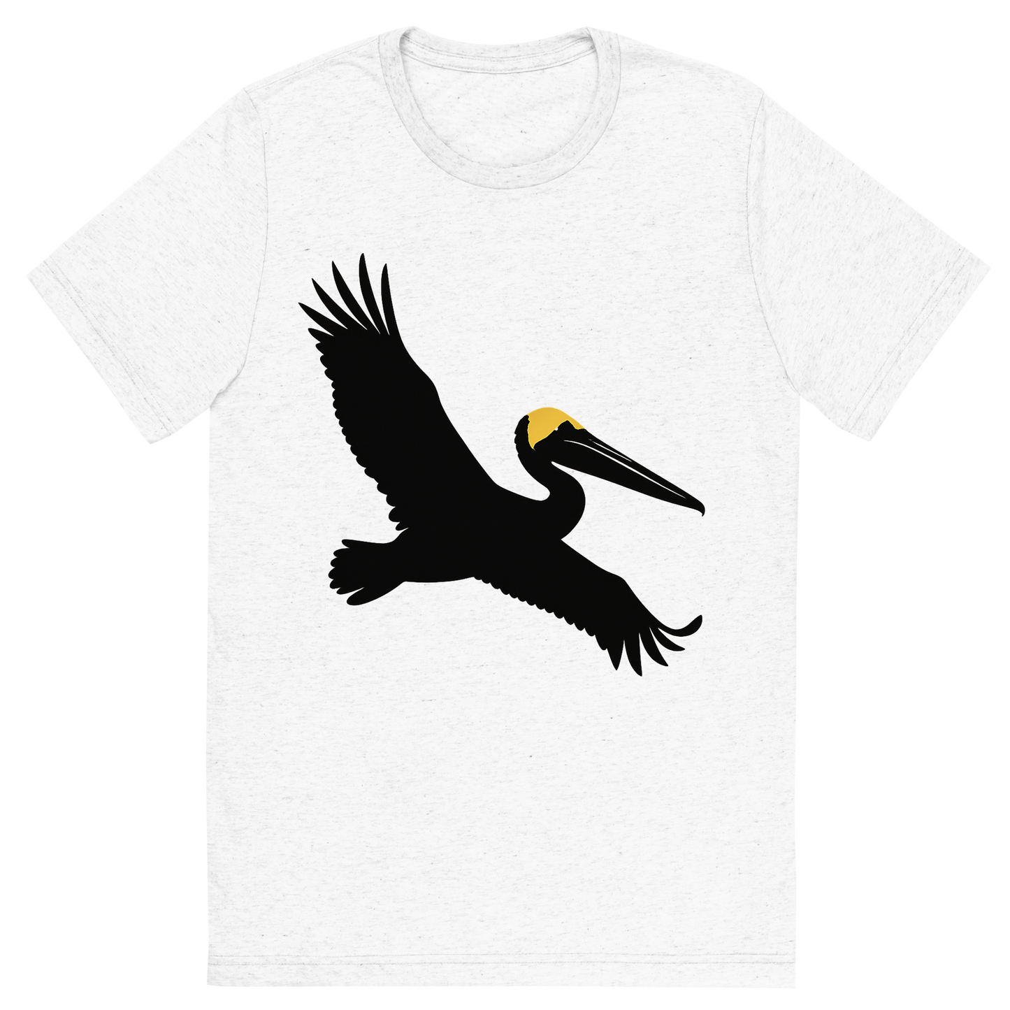 Front view of a Premium Tri-Blend Crew Neck T-Shirt in Solid White showing 'A high-contrast silhouette with minimal accent color, majestic graphic of a large silhouette of a brown pelican gliding with wings stretched and pouch visible, yellow crown highlighted in color, transparent background, optimized for dtg printing'