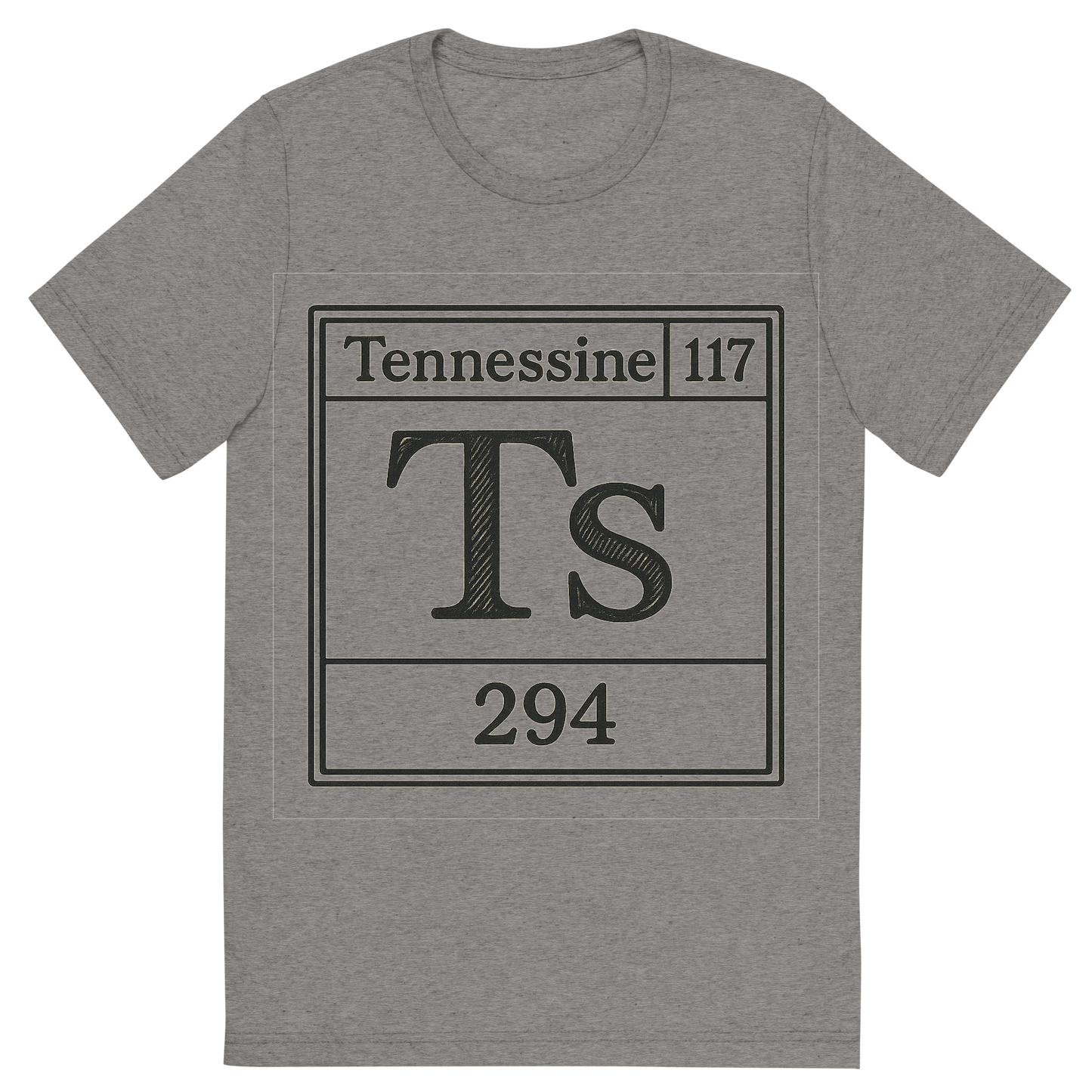 Front view of a Premium Tri-Blend Crew Neck T-Shirt in Grey showing 'A line art, nostalgic graphic of tennessine's entry on the periodic table, use a dark color for the lines and text'