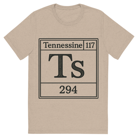 Front view of a Premium Tri-Blend Crew Neck T-Shirt in Tan showing 'A line art, nostalgic graphic of tennessine's entry on the periodic table, use a dark color for the lines and text'
