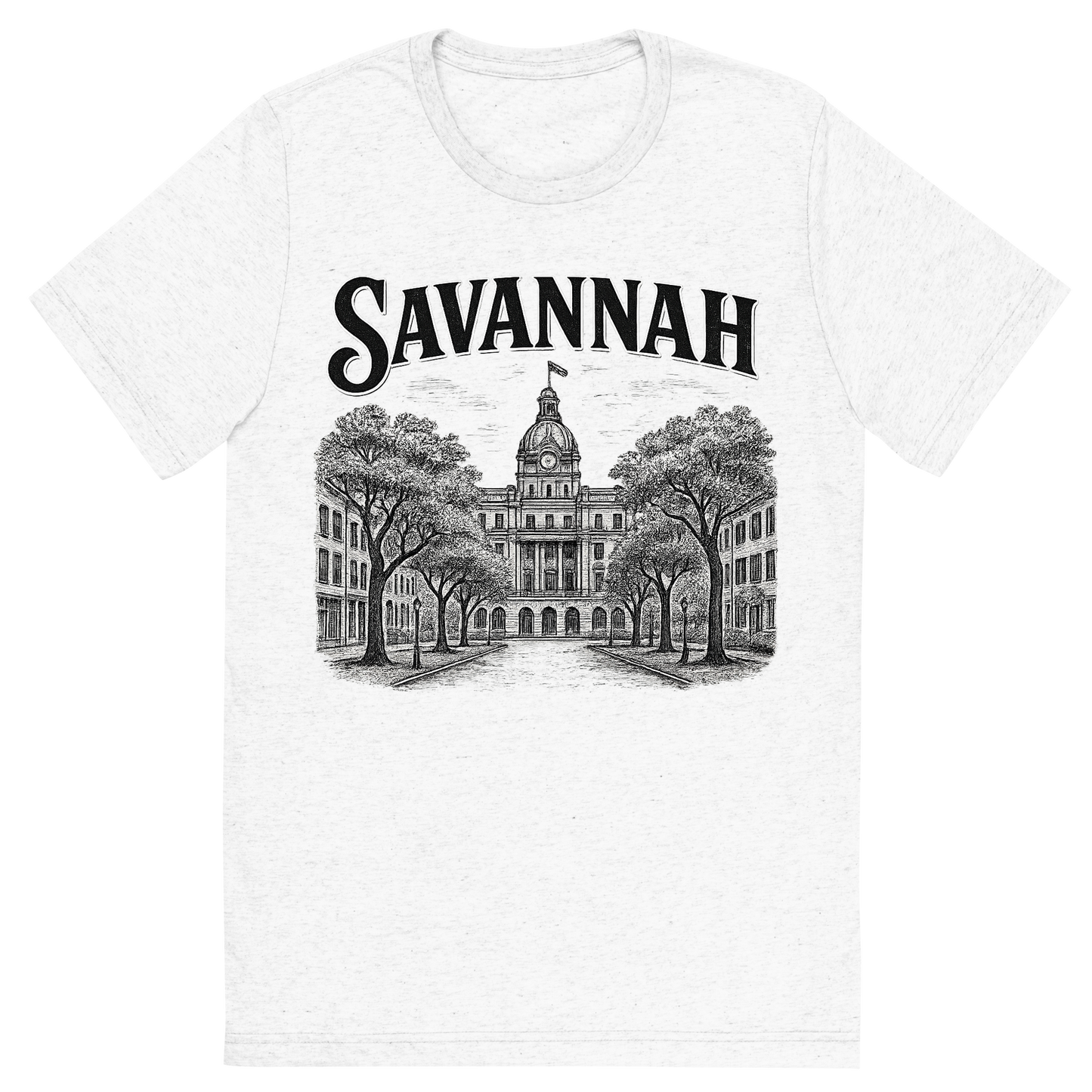 Front view of a Premium Tri-Blend Crew Neck T-Shirt in Solid White showing 'A typographic, nostalgic graphic of a typographic illustration of the words 'savannah' with a vintage line art drawing of the historic district'