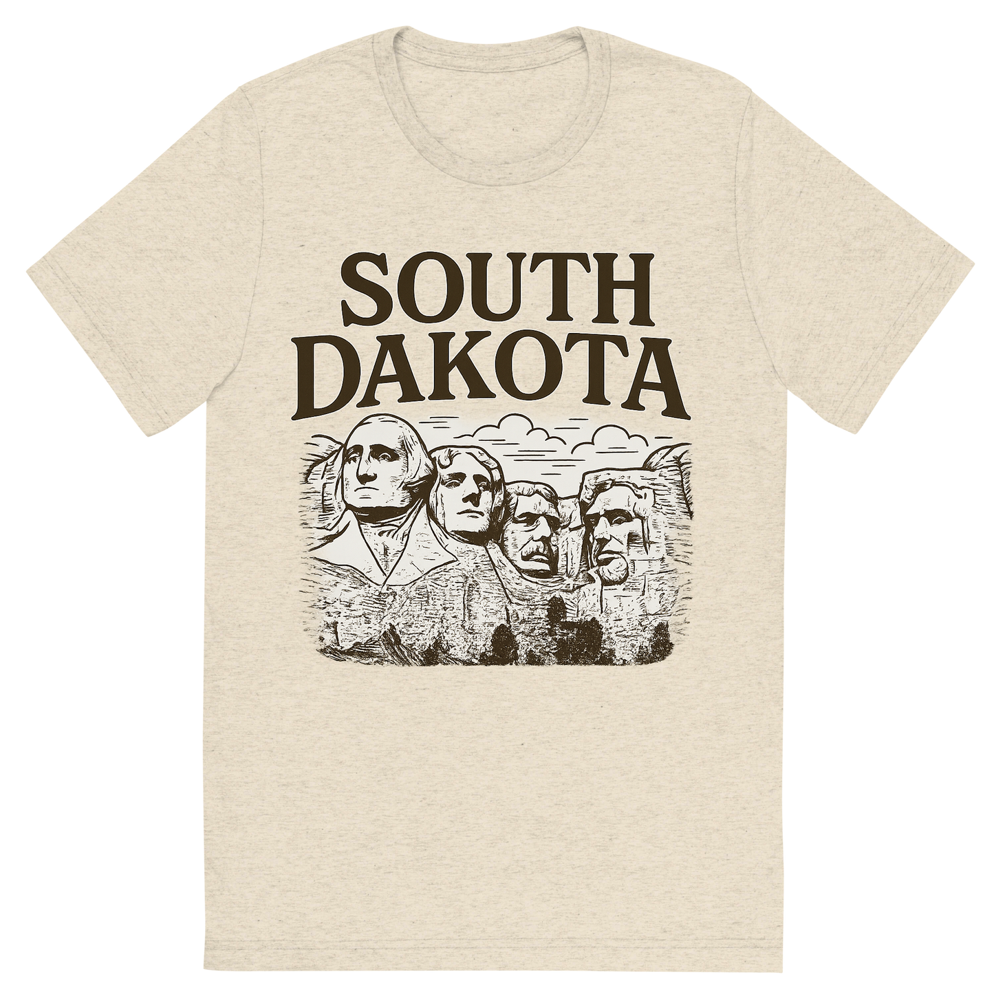 Front view of a Premium Tri-Blend Crew Neck T-Shirt in Oatmeal showing 'A typographic, nostalgic graphic of a typographic illustration of the words 'south dakota' with a vintage line art drawing of the presidential sculptures'