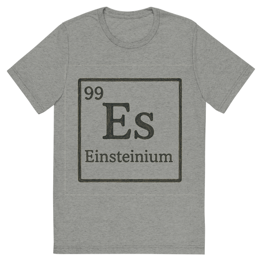 Front view of a Premium Tri-Blend Crew Neck T-Shirt in Athletic Grey showing 'A line art, nostalgic graphic of einsteinium's entry on the periodic table, use a dark color for the lines and text'