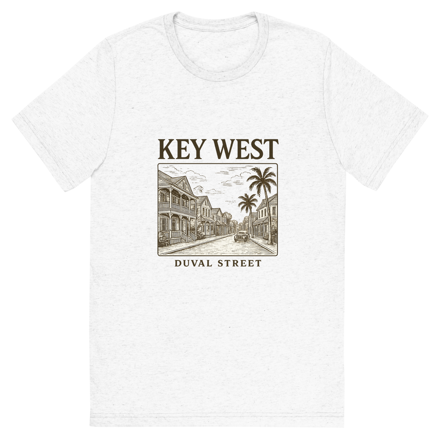 Front view of a Premium Tri-Blend Crew Neck T-Shirt in Solid White showing 'A typographic, nostalgic graphic of a typographic illustration of the words 'key west' with a vintage line art drawing of duval street'