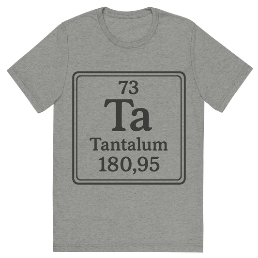 Front view of a Premium Tri-Blend Crew Neck T-Shirt in Athletic Grey showing 'A line art, nostalgic graphic of tantalum's entry on the periodic table, use a dark color for the lines and text'