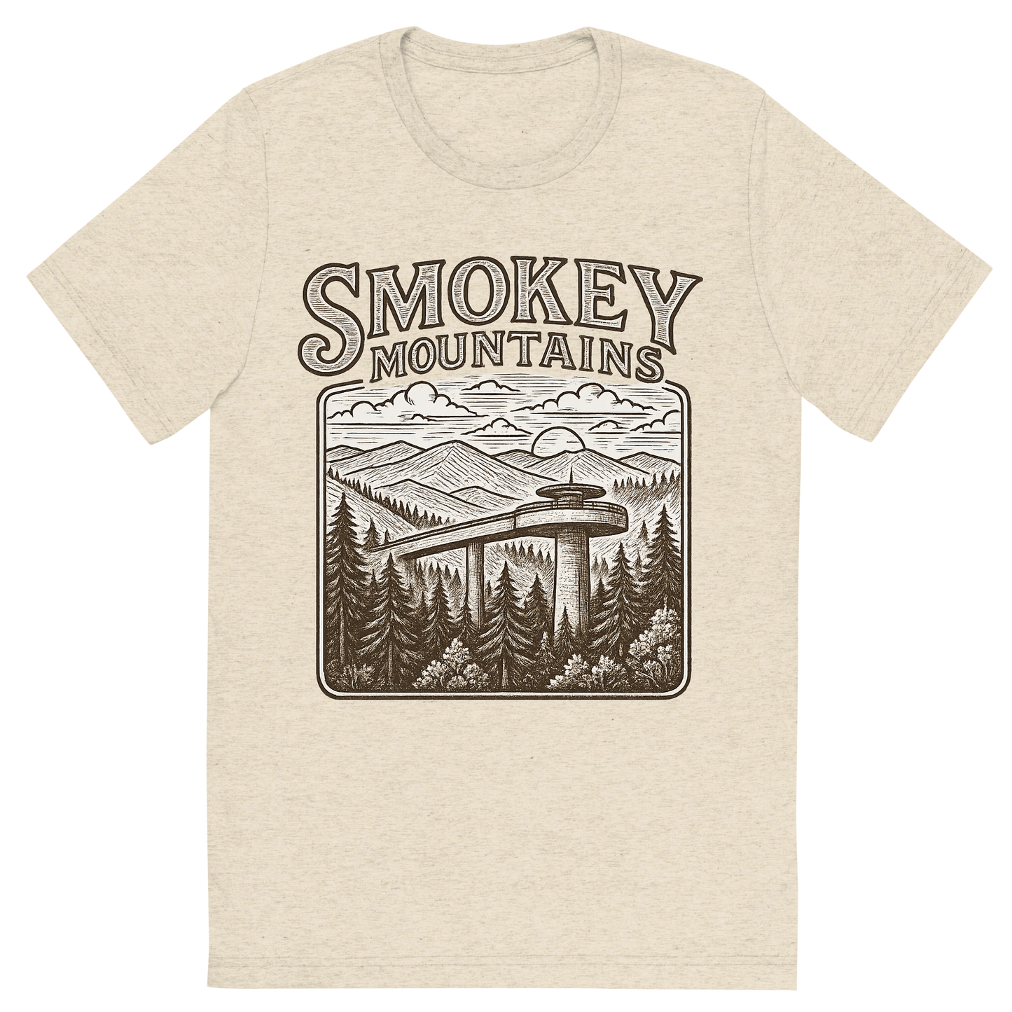 Front view of a Premium Tri-Blend Crew Neck T-Shirt in Oatmeal showing 'A typographic, nostalgic graphic of a typographic illustration of the words 'smokey mountains' with a vintage line art drawing of clingmans dome'