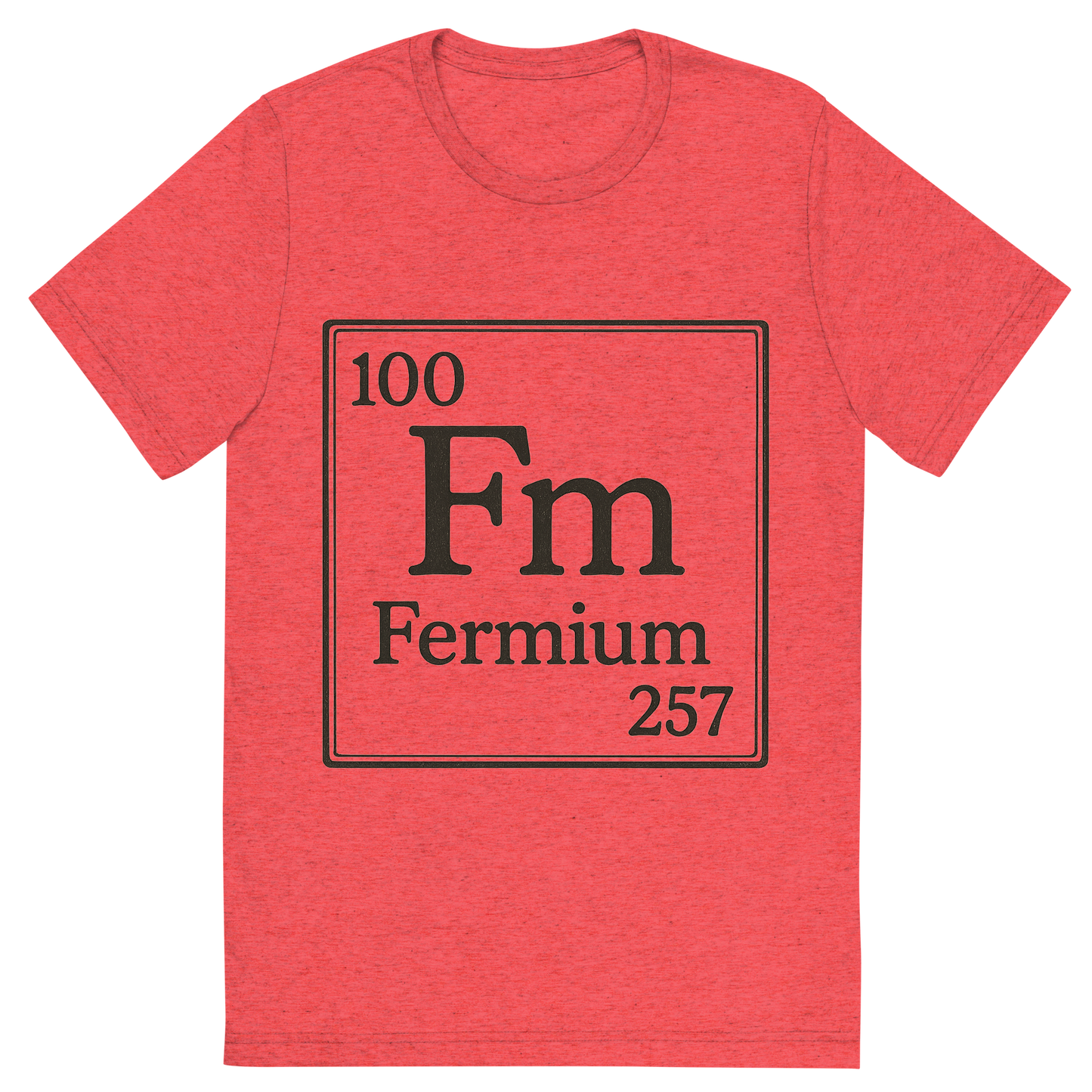 Front view of a Premium Tri-Blend Crew Neck T-Shirt in Red showing 'A line art, nostalgic graphic of fermium's entry on the periodic table, use a dark color for the lines and text'