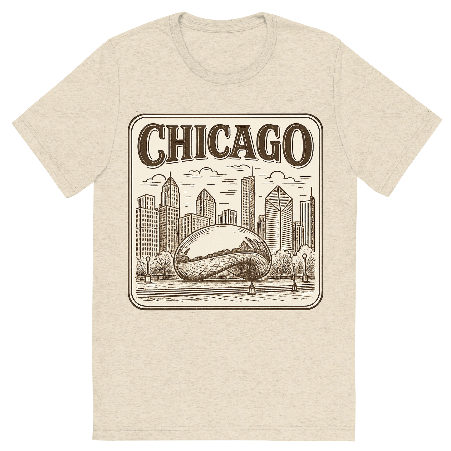 Front view of a Premium Tri-Blend Crew Neck T-Shirt in Oatmeal showing 'A typographic, nostalgic graphic of a typographic illustration of the words 'chicago' with a vintage line art drawing of millennium park'