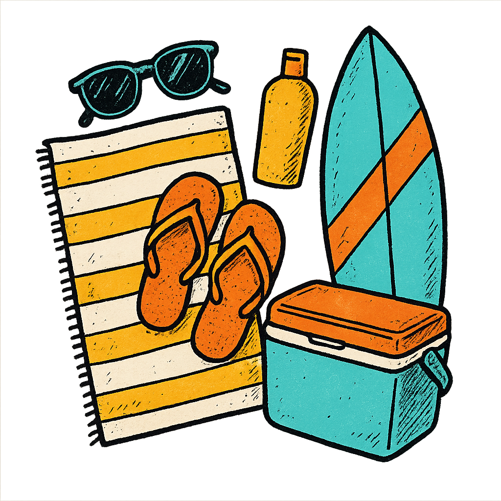 A hand-drawn ink with pops of color, bright graphic of a symbolic illustration of summer beach essentials arranged in a flat lay: sunglasses, towel, flip-flops, sunscreen, surfboard, and cooler, ink-drawn with pops of color, square layout, transparent background, not for direct printing - a t-shirt design