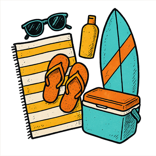 A hand-drawn ink with pops of color, bright graphic of a symbolic illustration of summer beach essentials arranged in a flat lay: sunglasses, towel, flip-flops, sunscreen, surfboard, and cooler, ink-drawn with pops of color, square layout, transparent background, not for direct printing - a t-shirt design