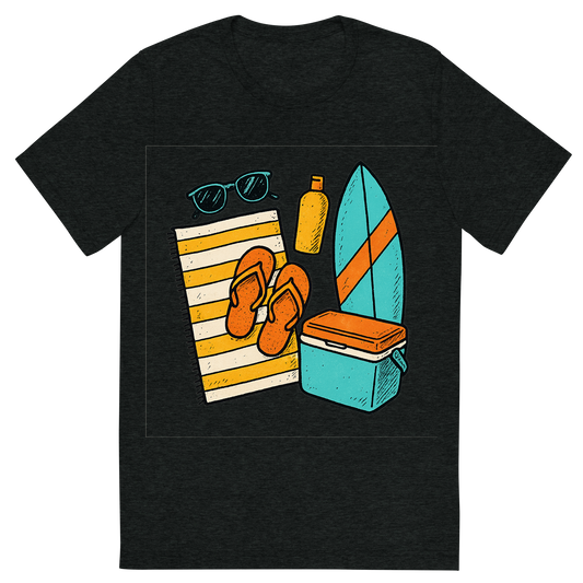 Front view of a Premium Tri-Blend Crew Neck T-Shirt in Charcoal-Black showing 'A hand-drawn ink with pops of color, bright graphic of a symbolic illustration of summer beach essentials arranged in a flat lay: sunglasses, towel, flip-flops, sunscreen, surfboard, and cooler, ink-drawn with pops of color, square layout, transparent background, not for direct printing'