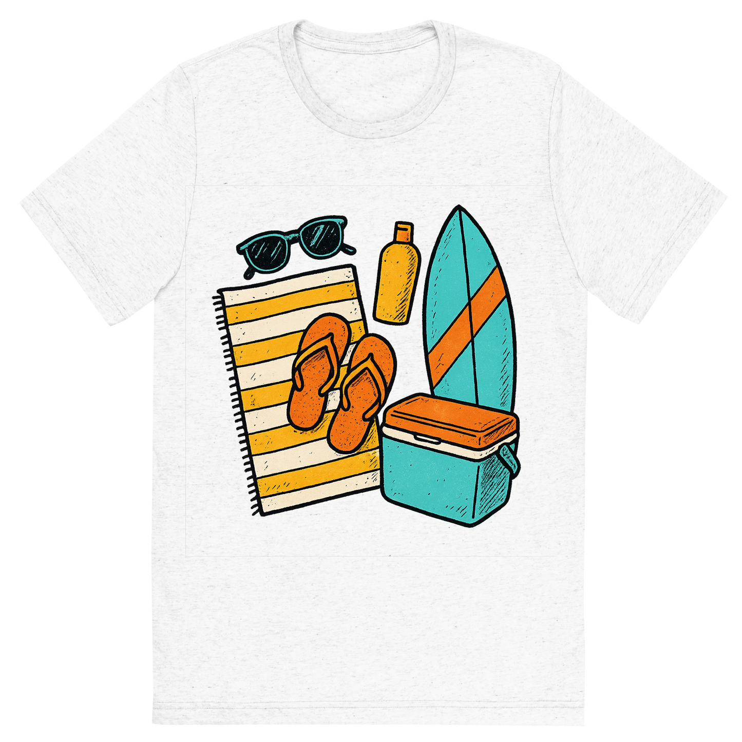 Front view of a Premium Tri-Blend Crew Neck T-Shirt in Solid White showing 'A hand-drawn ink with pops of color, bright graphic of a symbolic illustration of summer beach essentials arranged in a flat lay: sunglasses, towel, flip-flops, sunscreen, surfboard, and cooler, ink-drawn with pops of color, square layout, transparent background, not for direct printing'