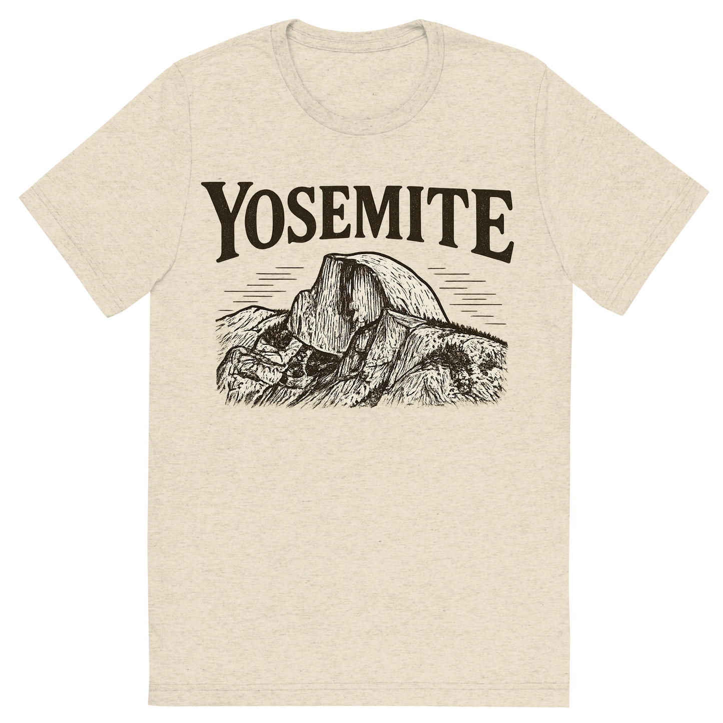 Front view of a Premium Tri-Blend Crew Neck T-Shirt in Oatmeal showing 'A typographic, nostalgic graphic of a typographic illustration of the words 'yosemite' with a vintage line art drawing of the half dome'