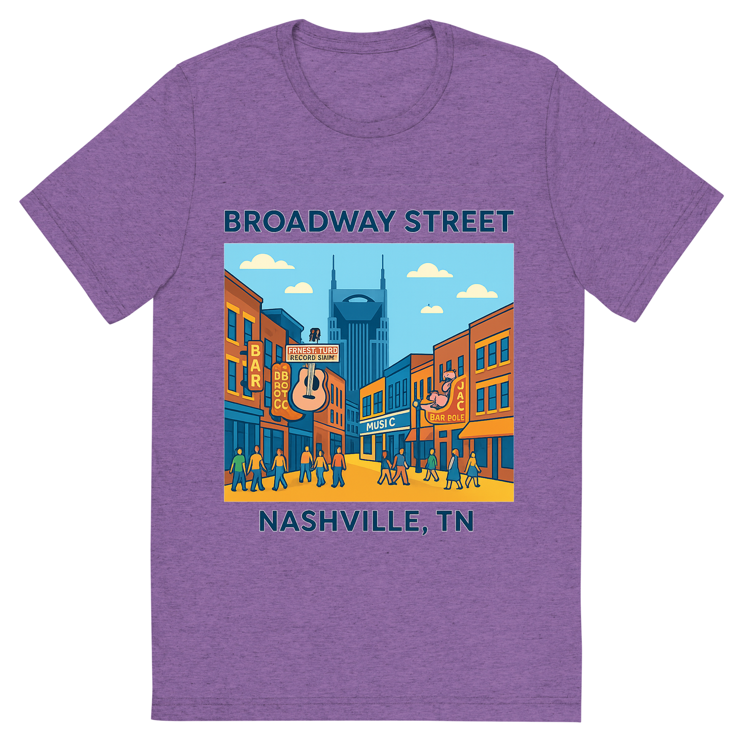 Front view of a Premium Tri-Blend Crew Neck T-Shirt in Purple showing 'A flat vector, fun graphic of nashville, tennessee featuring broadway street'