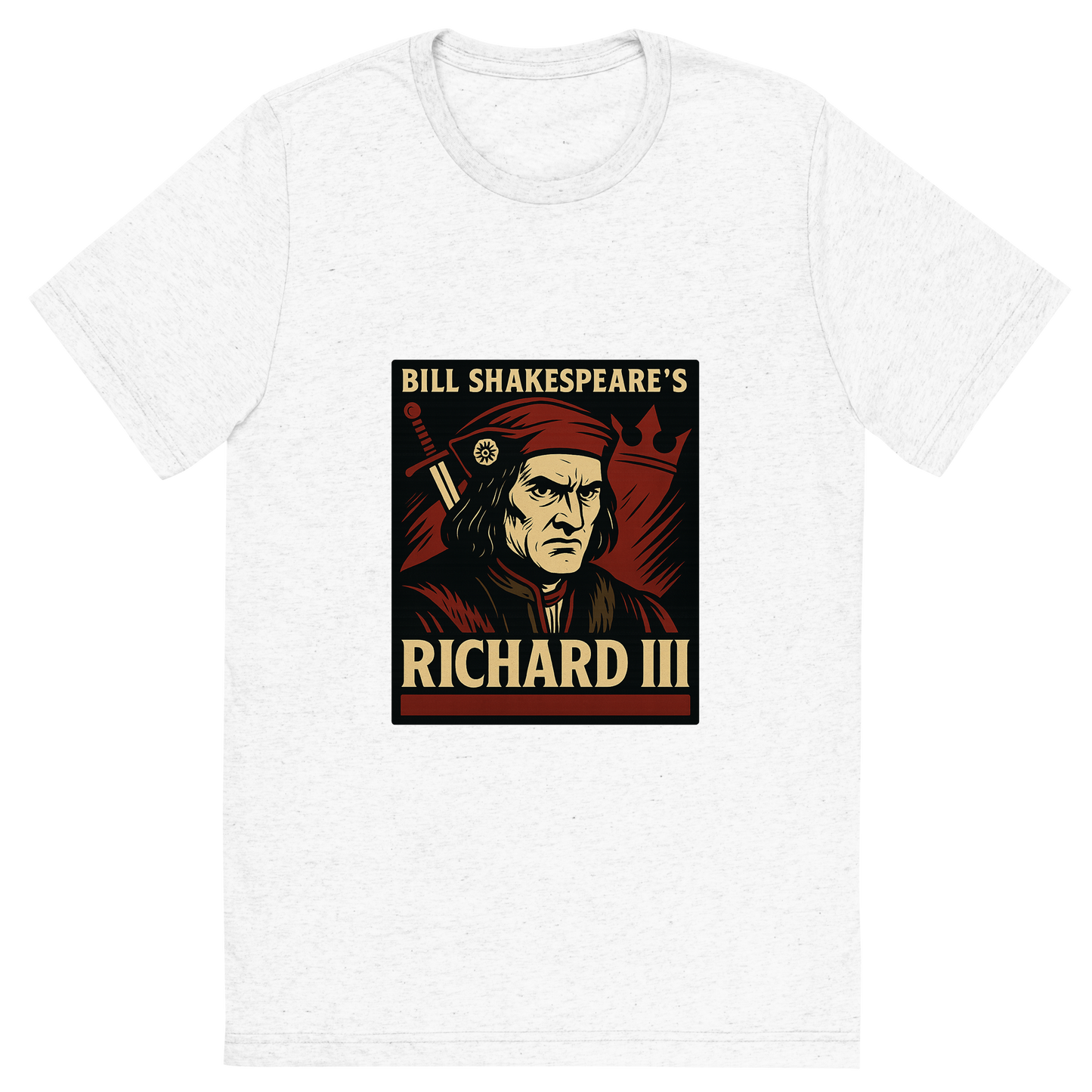 Front view of a Premium Tri-Blend Crew Neck T-Shirt in Solid White showing 'A retro, edgy graphic of a visual representation of a key theme and character from william shakespeare's richard iii'