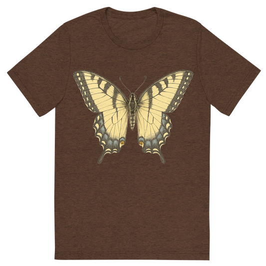 Front view of a Premium Tri-Blend Crew Neck T-Shirt in Brown showing 'A hand-drawn, tranquil graphic of eastern tiger swallowtail butterfly'