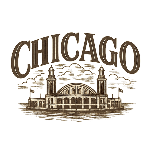 A typographic, nostalgic graphic of a typographic illustration of the words 'chicago' with a vintage line art drawing of navy pier – a t-shirt design