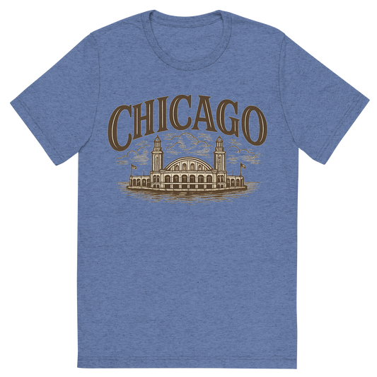 Front view of a Premium Tri-Blend Crew Neck T-Shirt in Blue showing 'A typographic, nostalgic graphic of a typographic illustration of the words 'chicago' with a vintage line art drawing of navy pier'