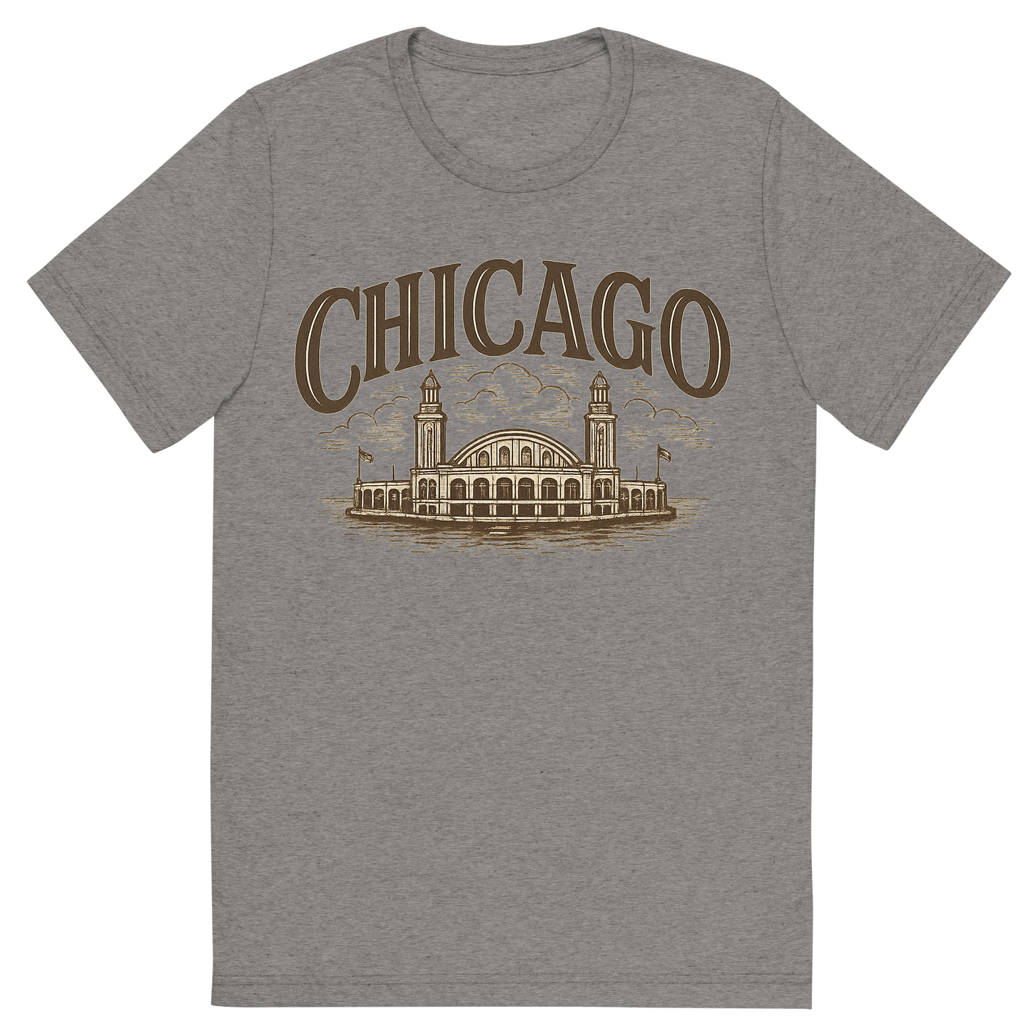 Front view of a Premium Tri-Blend Crew Neck T-Shirt in Grey showing 'A typographic, nostalgic graphic of a typographic illustration of the words 'chicago' with a vintage line art drawing of navy pier'
