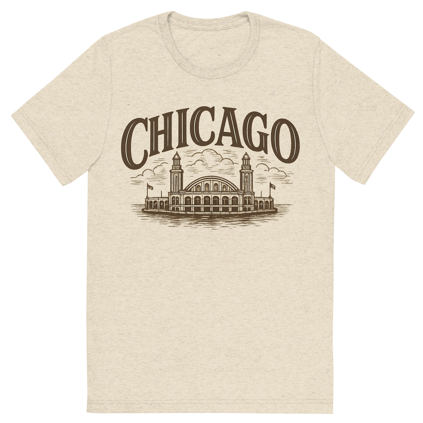 Front view of a Premium Tri-Blend Crew Neck T-Shirt in Oatmeal showing 'A typographic, nostalgic graphic of a typographic illustration of the words 'chicago' with a vintage line art drawing of navy pier'