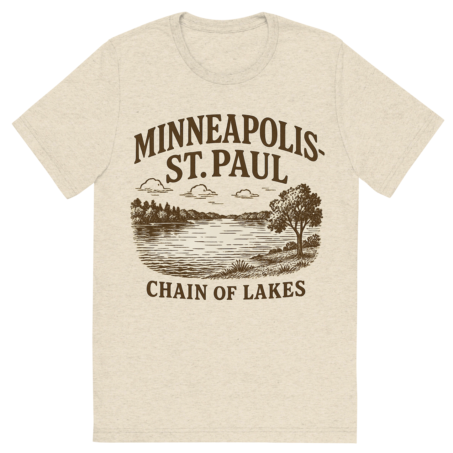Front view of a Premium Tri-Blend Crew Neck T-Shirt in Oatmeal showing 'A typographic, nostalgic graphic of a typographic illustration of the words 'minneapolis-st. paul' with a vintage line art drawing of the chain of lakes'