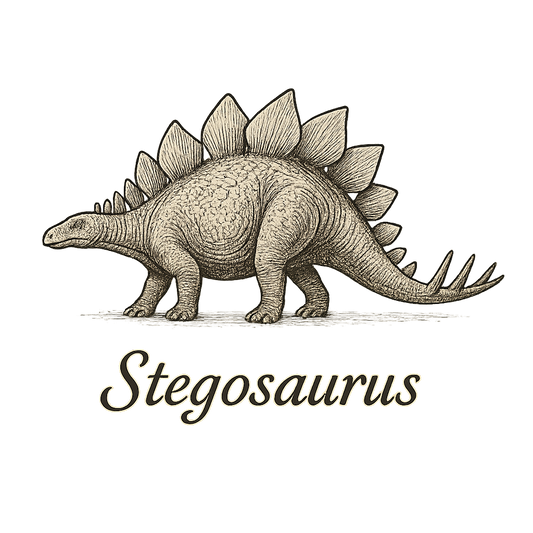A flat, neutral graphic of a drawing of a stegosaurus with its distinctive plated back and spiked tail. “stegosaurus” is written beneath in elegant script. ink illustration on a white background. - a t-shirt design