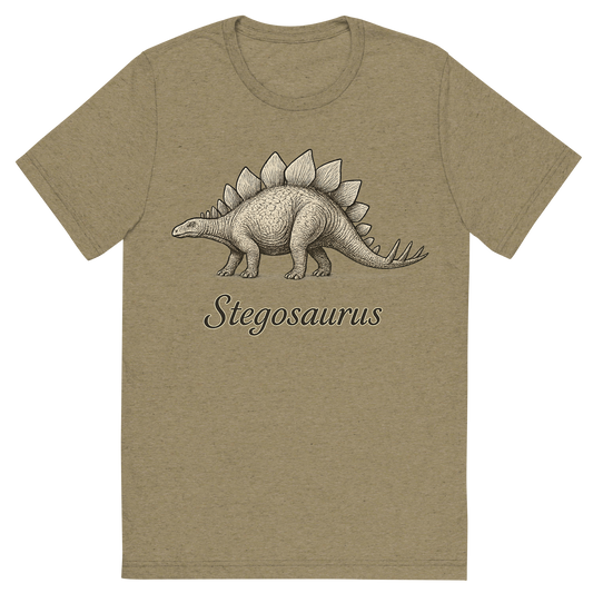Front view of a Premium Tri-Blend Crew Neck T-Shirt in Olive showing 'A flat, neutral graphic of a drawing of a stegosaurus with its distinctive plated back and spiked tail. “stegosaurus” is written beneath in elegant script. ink illustration on a white background.'