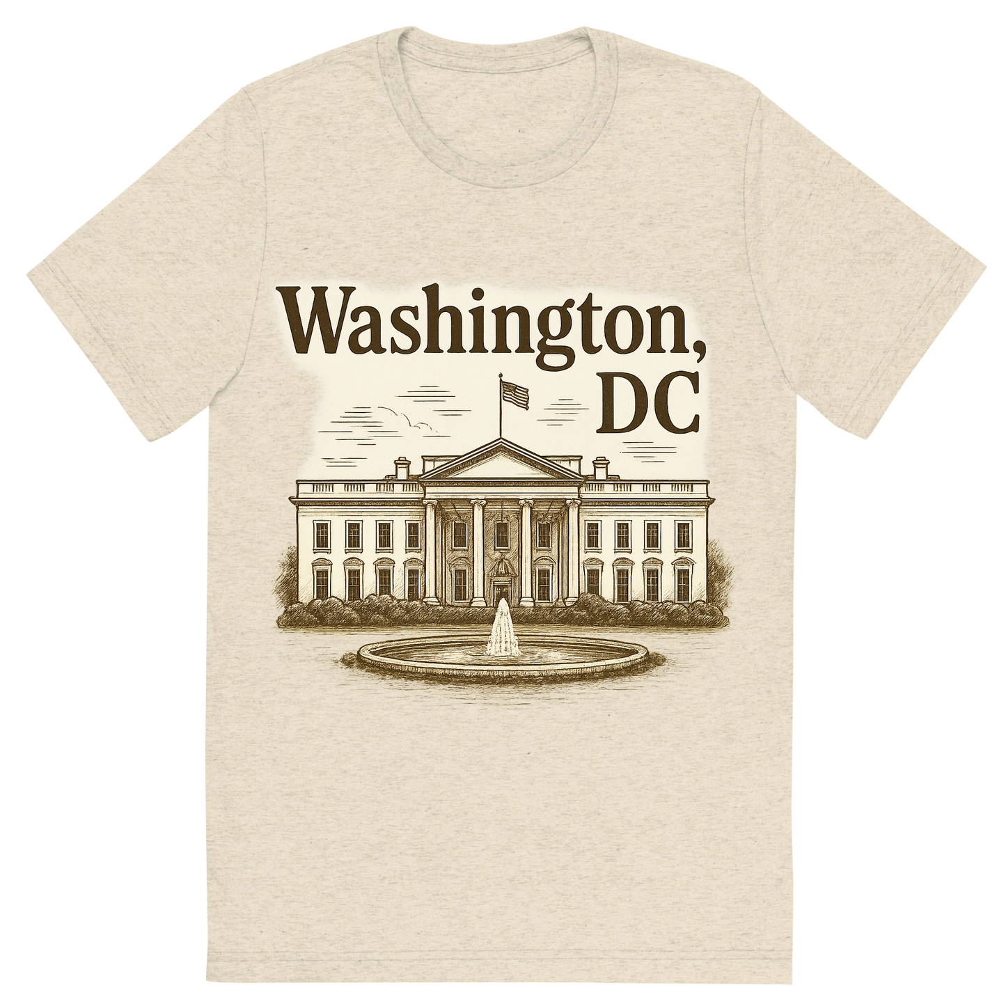 Front view of a Premium Tri-Blend Crew Neck T-Shirt in Oatmeal showing 'A typographic, nostalgic graphic of a typographic illustration of the words 'washington, dc' with a vintage line art drawing of the the white house'