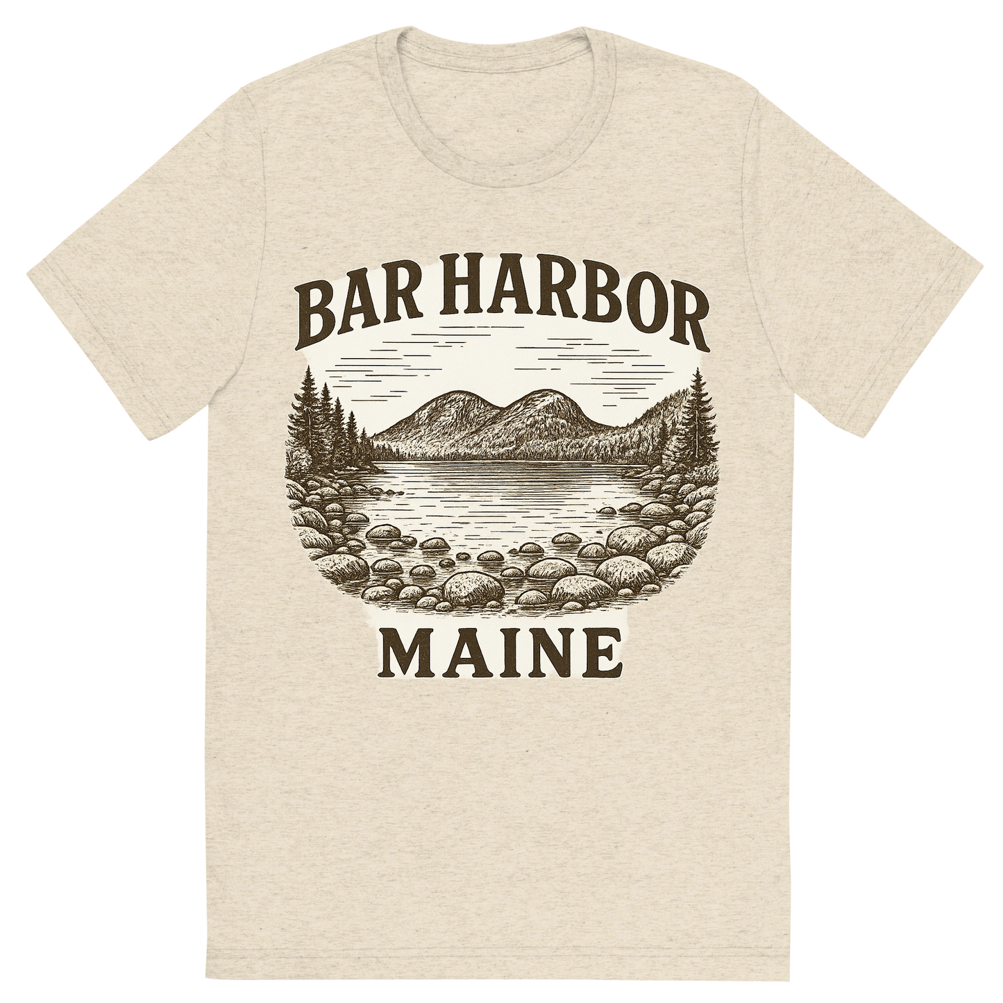 Front view of a Premium Tri-Blend Crew Neck T-Shirt in Oatmeal showing 'A typographic, nostalgic graphic of a typographic illustration of the words 'bar harbor, maine' with a vintage line art drawing of jordan pond'